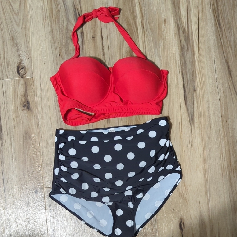 Red Halter Bikini Top and Polka Dot High-Waisted Bottoms